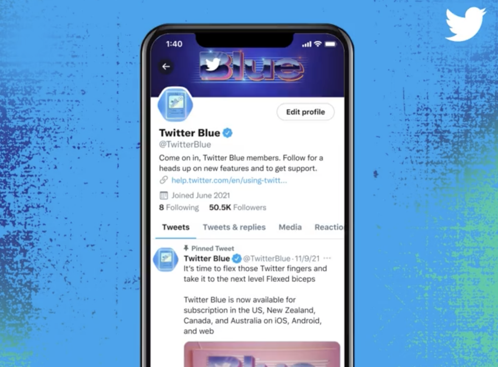 The Twitter Blue Twitter account, shown with an NFT profile picture.