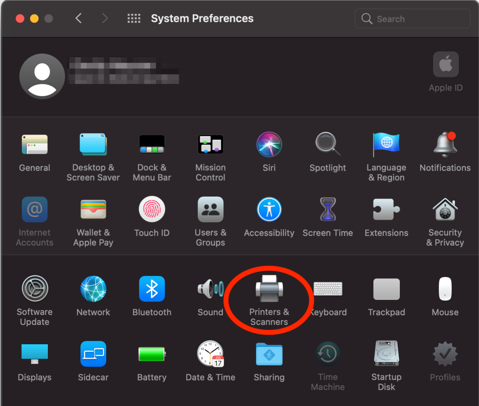 Screenshot of System Preferences with Printers and Scanners circled