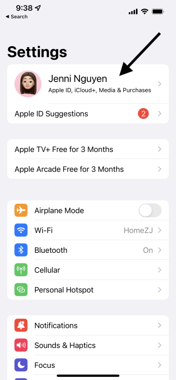 Screenshot of the Settings menu of an iPhone, with an arrow pointing to user