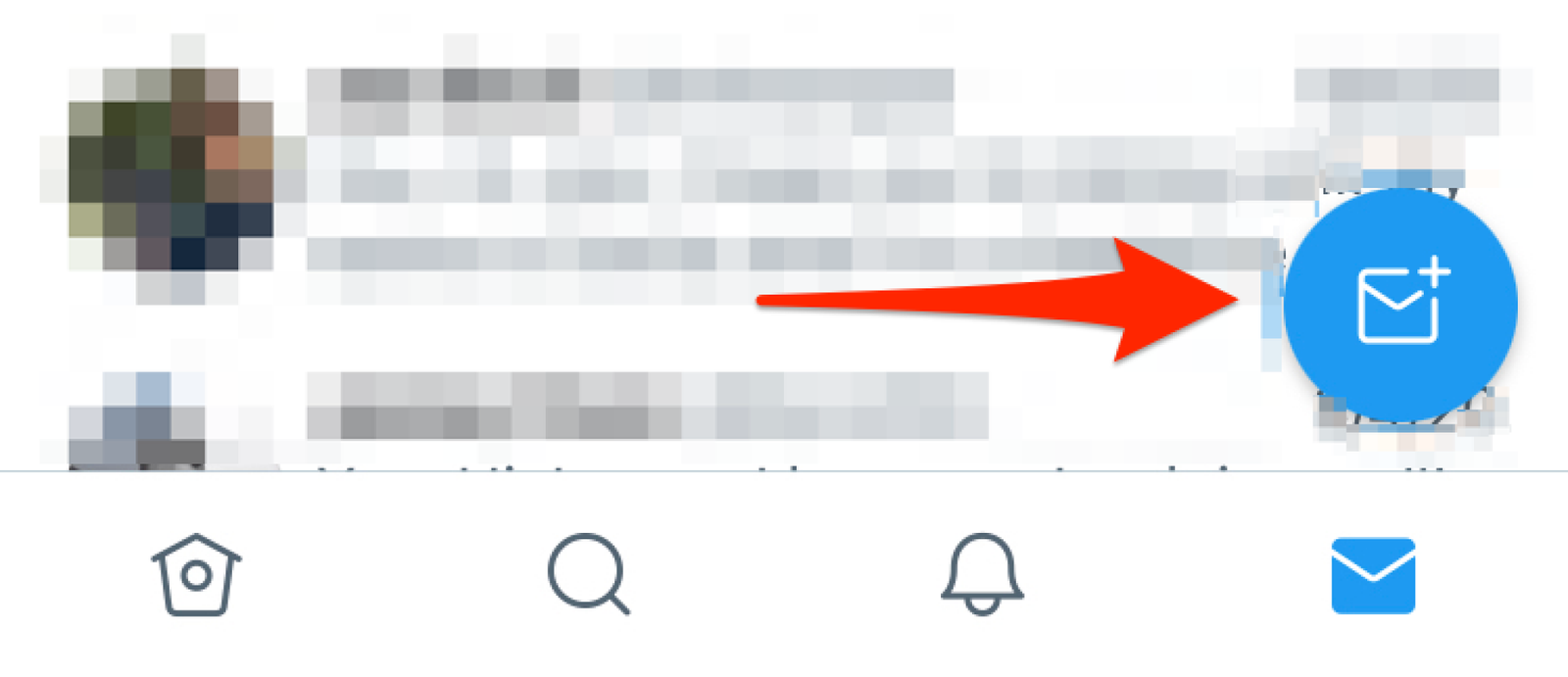 A blurred Twitter screenshot with the "envelope-plus" icon for starting a new message highlighted with a red arrow. 