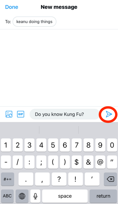 A Twitter screenshot showing a message "Do you know Kung Fu?" with the paper plane "send message" icon highlighted with a red oval. 