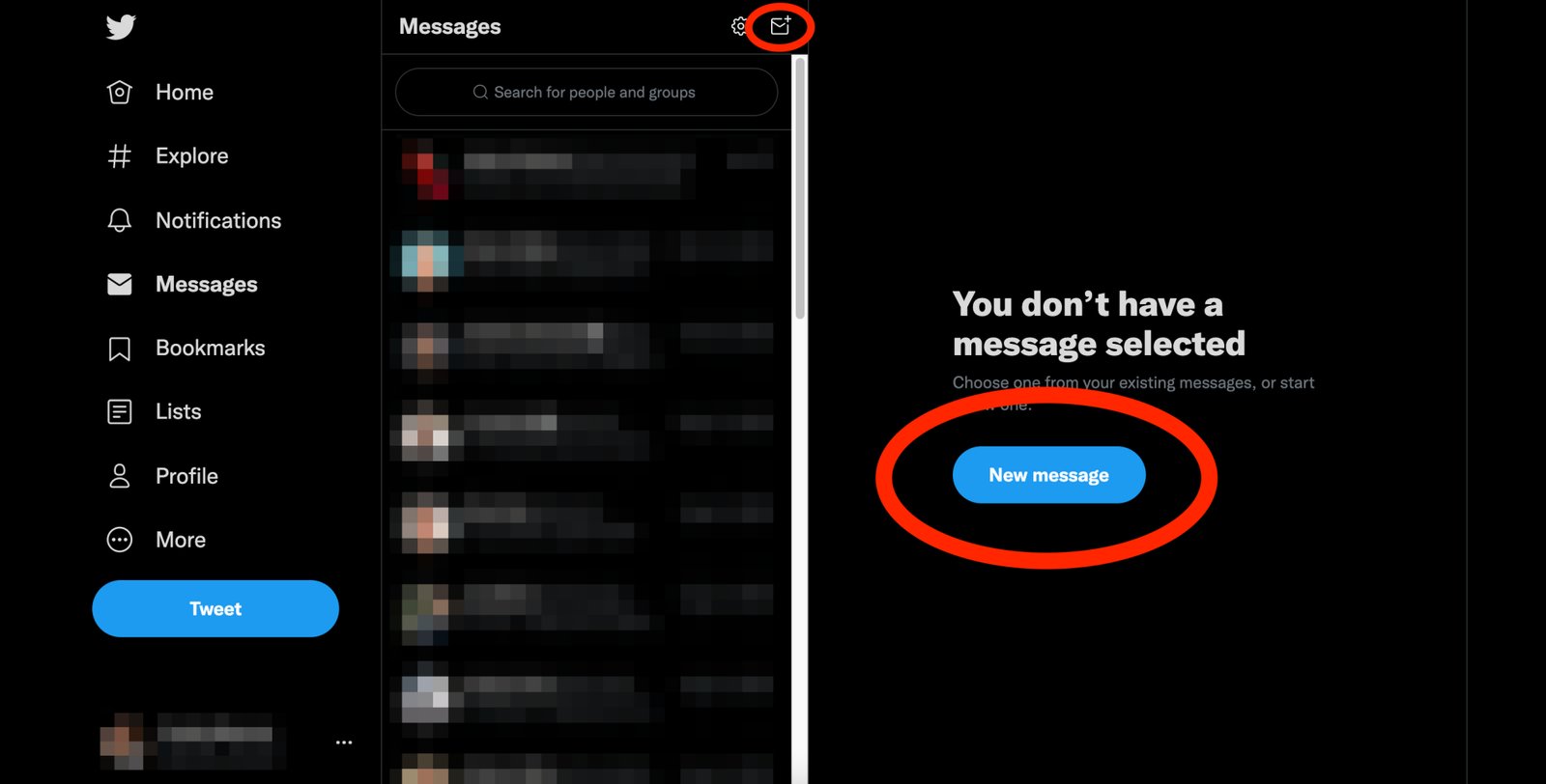 A blurred web browser screenshot of the Twitter Messages page with the envelope-with-plus-sign icon and "new message" highlighted with red ovals.