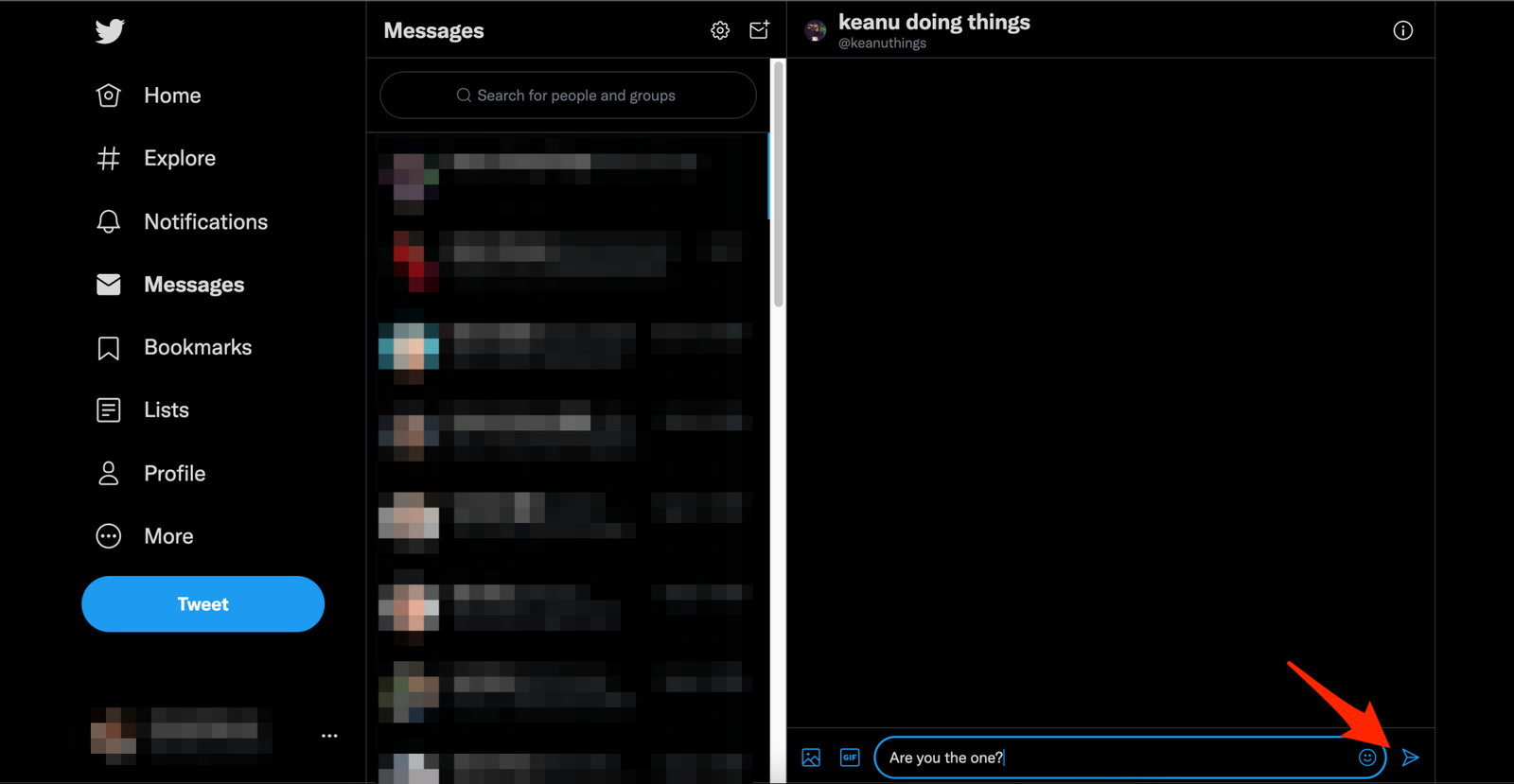 A blurred web browser screenshot of the Twitter Messages page with the paper plane "send message" icon highlighted with a red arrow. 