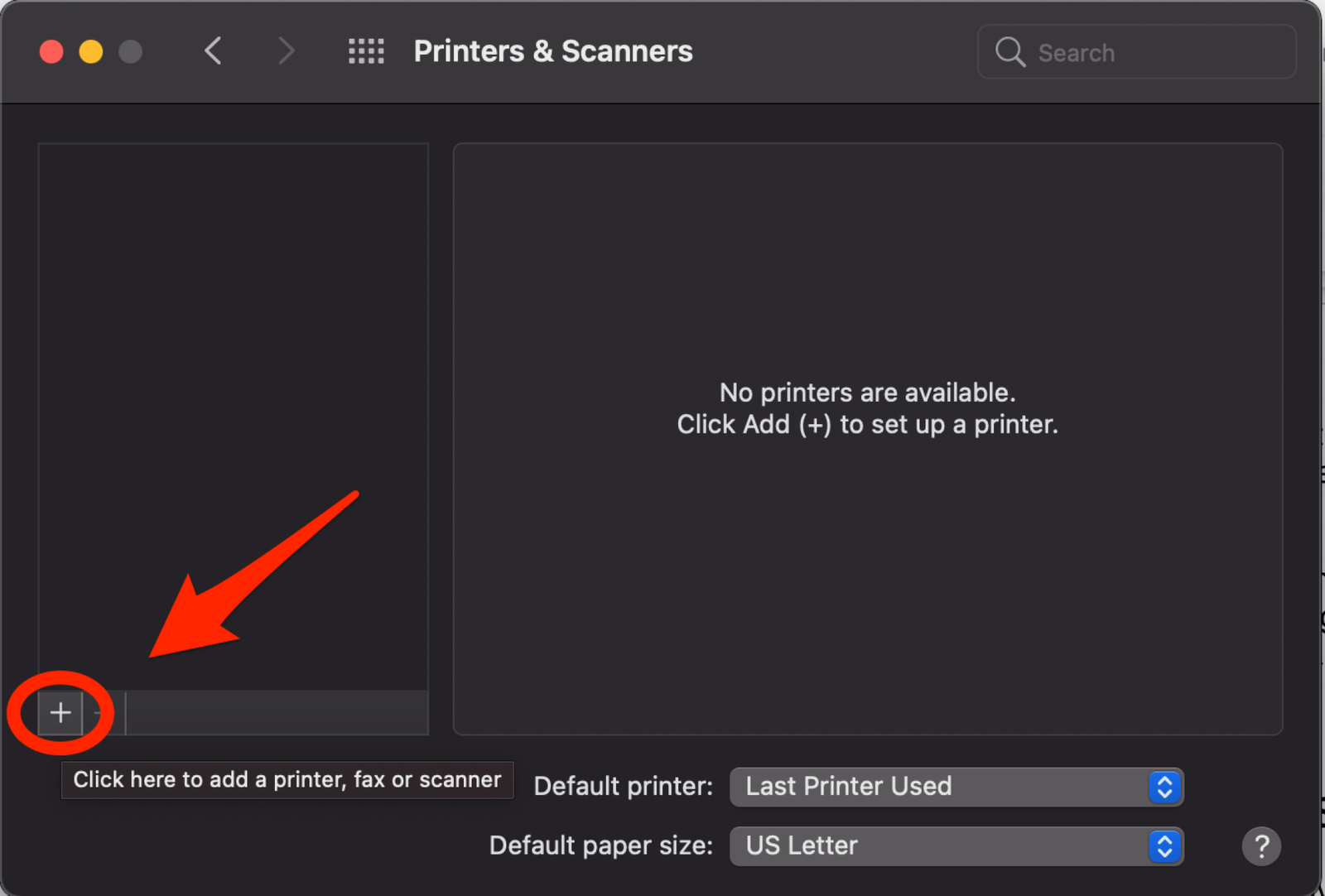 Screenshot of Printers and Scanners window with arrow pointing to plus sign