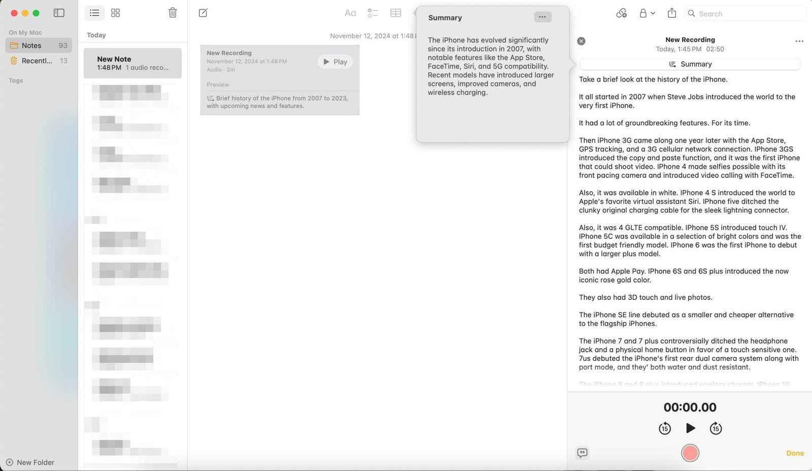 the notes app showing an audio recording and a transcript of that recording talk about the history of the iphone with a small summary box in the middle