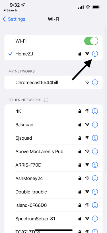 Screenshot of iPhone WiFi settings, with arrow pointing to "i"