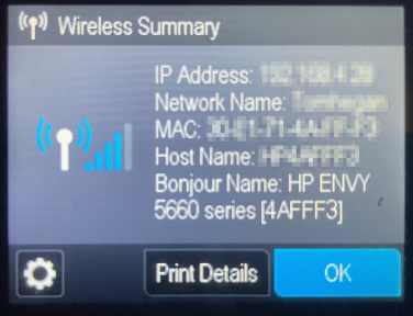 Image of wireless summary on an HP Envy printer