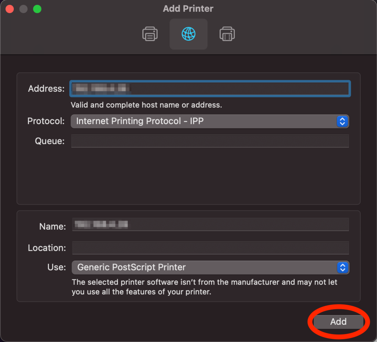 Screenshot of entering the IP address to add a printer 