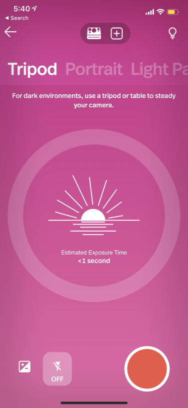 screenshot showing estimated exposure time in tripod mode