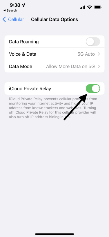 Screenshot of iPhone Settings menu, with arrow pointing to toggle next to "Private Relay." 