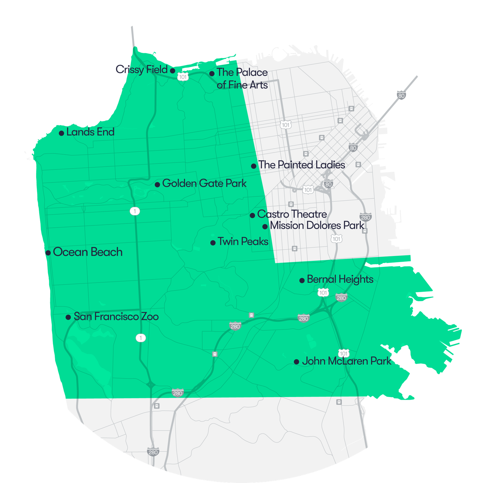 A map of San Francisco showing Waymo service areas in green. 